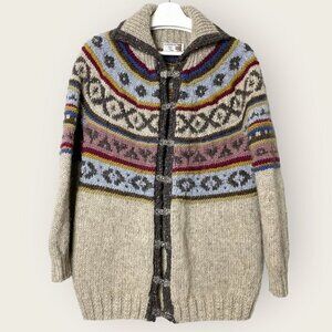 Hand Knit Mixed Stitch Wool Blend Fair Isle Print Cardigan